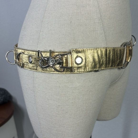 Allison Burns gold metallic adjustable d ring belt with swivel hook clasp main image 2